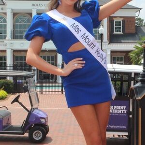 Jovani Royal Blue Puff Sleeve Cutout Dress